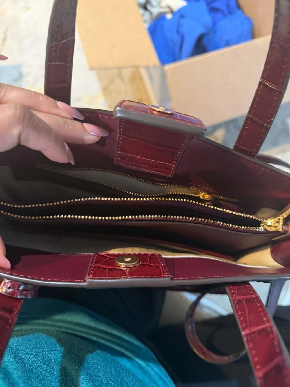 Tory Burch Walker Croc-Embossed Small Satchel in Burgundy - Picture 3 of 7